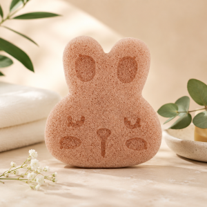 Gąbka Konjac do twarzy, Królik, z dodatkiem Francuskiej glinki czerwonej, 9,5x10,5cm, Bebevisa